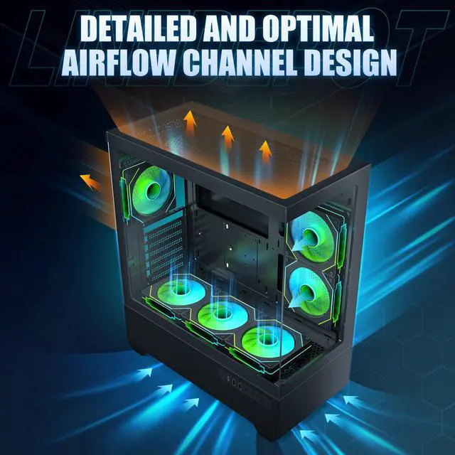 Alt view image 4 of 5 - Gaming PC Case, Type-C ATX Computer Case with 6 PWM ARGB Fans Pre-Installed, Full Tower PC Case Full-View Dual Tempered Glass, Black(H2)