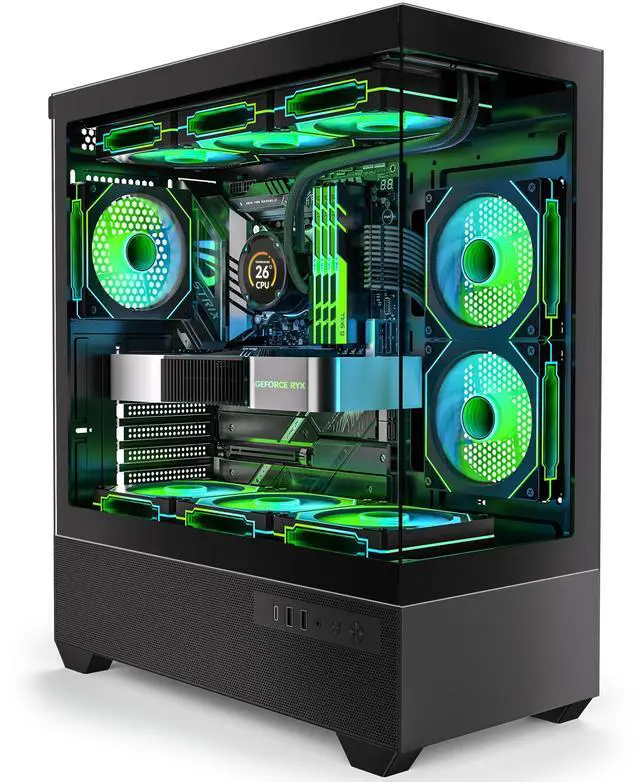 Main image of Gaming PC Case, Type-C ATX Computer Case with 6 PWM ARGB Fans Pre-Installed, Full Tower PC Case Full-View Dual Tempered Glass, Black(H2)