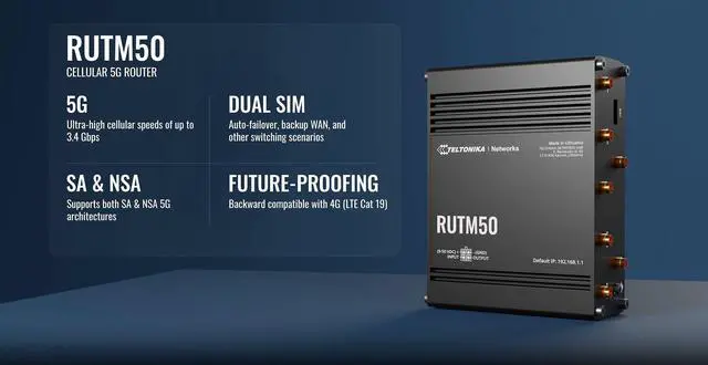 Alt view image 2 of 5 - Teltonika RUTM50 5G Industrial Router  Dual SIM Failover, WiFi 5, Gigabit Ethernet, VPN & RMS Support (RUTM50000000)