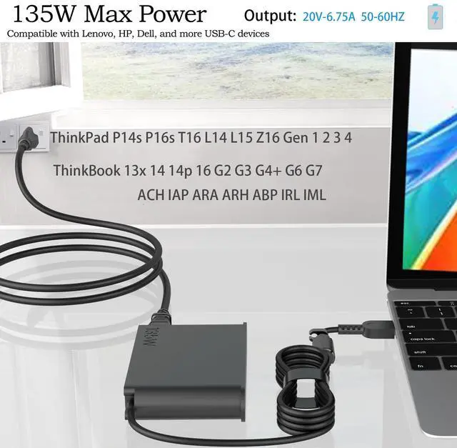 Alt view image 2 of 5 - 135W USB C Charger for Lenovo ThinkPad P16s P14s T16 Z16 L15 L15 Gen 1 2 3 4 5 Compatible with Yoga/Slim Pro 9 7 6 7i 9i Book 9 ADL135YSDC3A ACH IAP ARA ARH ABP AC Adapter Power Supply