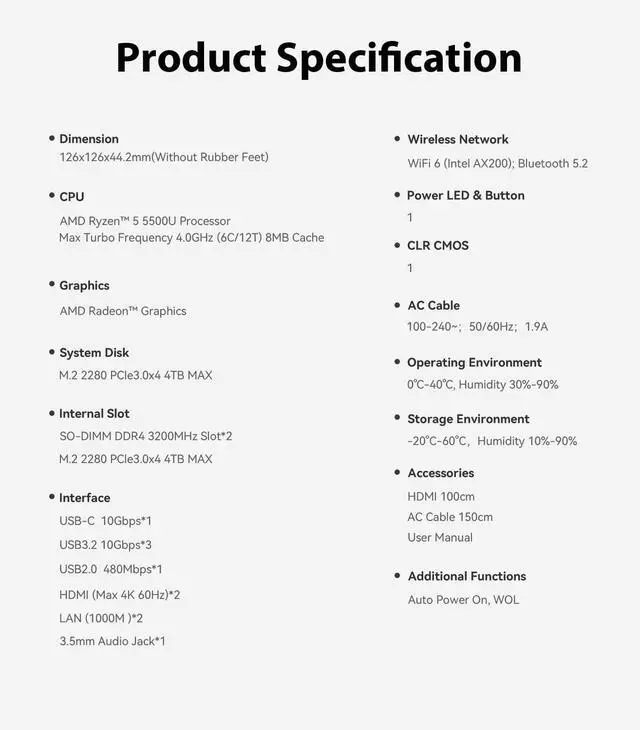 Alt view image 3 of 5 - Beelink EQR5 Mini Desktop PC with AMD Ryzen 5 5500U 6C/12T, 16GB DDR4 500G NVMe M.2 SSD, Dual Display Output, Built in PSU, WiFi 6, 1000M RJ45, Bluetooth 5.2 W-11 Mini Computer