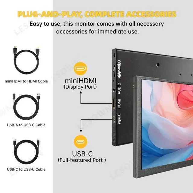 Alt view image 4 of 5 - LESOWN 7 Inch USB-C HDMI Portable Touch Monitor FHD 1024x600 IPS LCD Touchscreen Built in Speakers External Monitor for Laptop PC Phone Mac