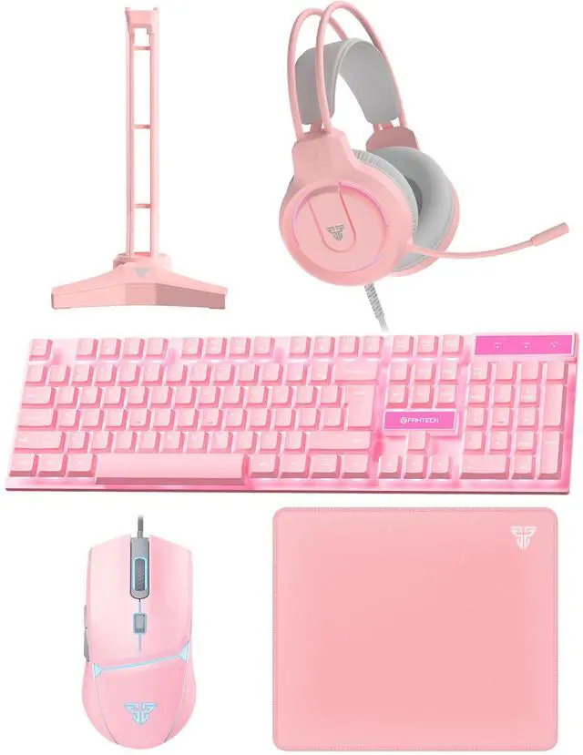 Main image of FANTECH Wired Gaming Keyboard and Mouse Set, Over-Ear Headphone and Headset Stand, Gaming Mouse Pad Wired RGB Rainbow Mice, PC Beginner Gamer Basic 5 in-1 for,PC,Laptop,Xbox Pink