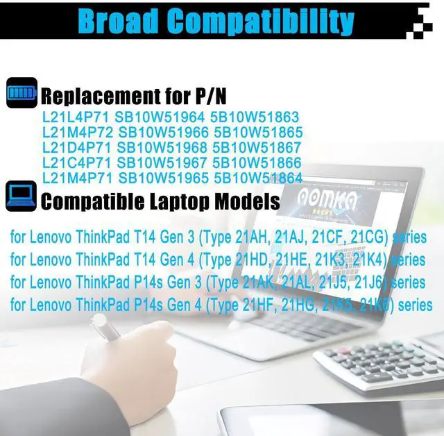 Alt view image 3 of 5 - AOMKA L21M4P72 SB10W51966 Laptop Battery Replacement for Lenovo ThinkPad T14 Gen 3 Gen 4 P14s Gen 3 Gen 4 Series L21D4P71 SB10W51968 L21C4P71 SB10W51967 L21M4P71 SB10W51965 L21L4P71 SB10W51964 52.5Wh