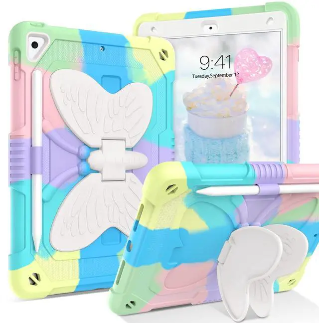 Main image of YINLAI for iPad 10.2 Inch Case,iPad 9th 8th 7th Generation Case,iPad air 3 Case,iPad Air 3rd Gen Kids Girls Butterfly Kickstand Shockproof Protective Cover with Pencil Holder, Colorful Green
