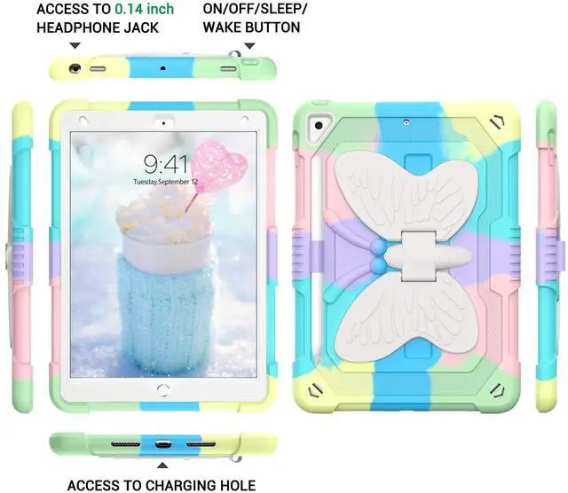Alt view image 2 of 5 - YINLAI for iPad 10.2 Inch Case,iPad 9th 8th 7th Generation Case,iPad air 3 Case,iPad Air 3rd Gen Kids Girls Butterfly Kickstand Shockproof Protective Cover with Pencil Holder, Colorful Green