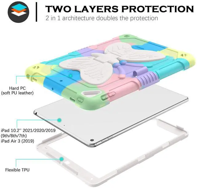 Alt view image 3 of 5 - YINLAI for iPad 10.2 Inch Case,iPad 9th 8th 7th Generation Case,iPad air 3 Case,iPad Air 3rd Gen Kids Girls Butterfly Kickstand Shockproof Protective Cover with Pencil Holder, Colorful Green