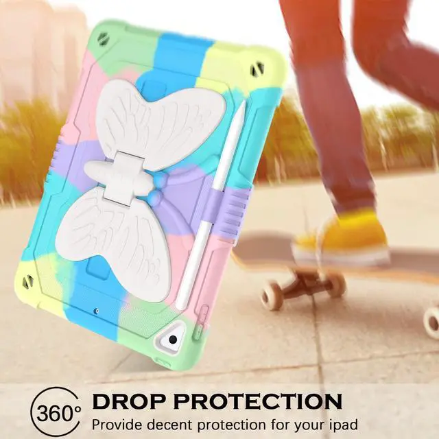 Alt view image 5 of 5 - YINLAI for iPad 10.2 Inch Case,iPad 9th 8th 7th Generation Case,iPad air 3 Case,iPad Air 3rd Gen Kids Girls Butterfly Kickstand Shockproof Protective Cover with Pencil Holder, Colorful Green