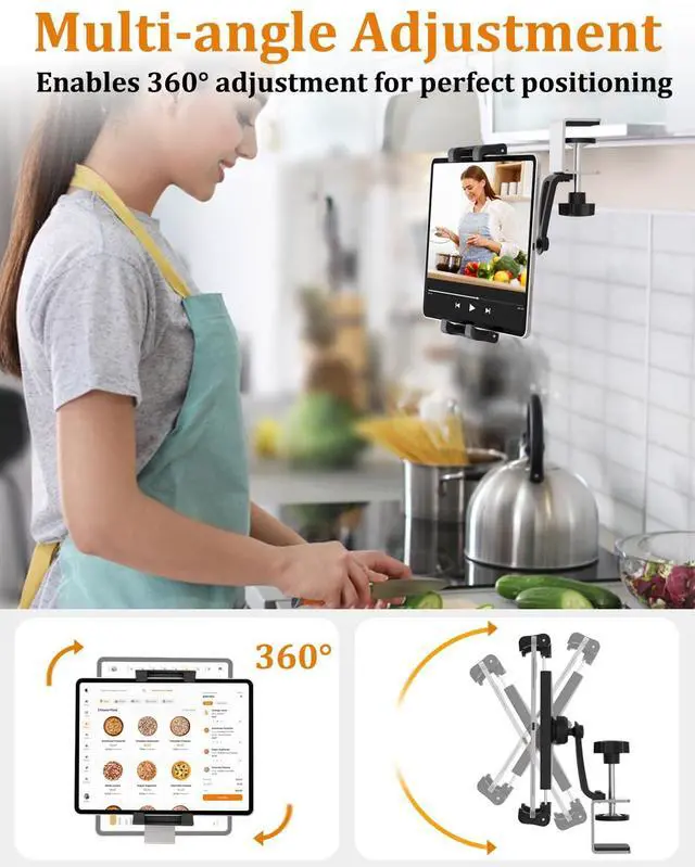 Alt view image 2 of 5 - CANHET Under Cabinet Tablet Holder, Kitchen Tablet Mount with Sdurdy Metal Clamp Base, Desk Tablet Holder for 5.5-13" iPad Pro Air Mini, Galaxy Z Fold, Fire HD, Surface Pro etc