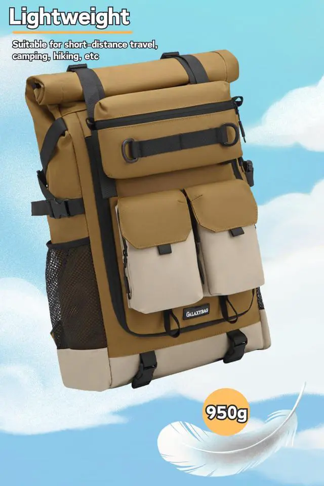 Alt view image 4 of 5 - Rolltop Backpack 30L, Lightweight Travel Backpack for Men & Women, Water-Resistant Hiking Backpack with 15 Inch Laptop Compartment, Small Outdoor Daypack Backpack with Detachable Shoulder Bag Orange