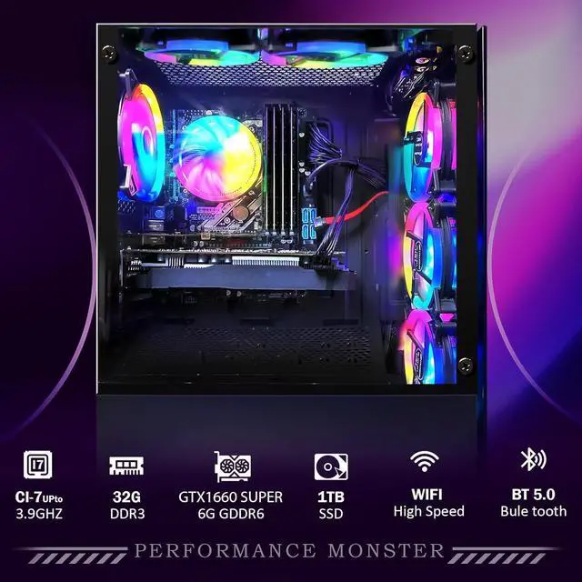 Alt view image 3 of 5 - STGAubron Gaming PC Computer Desktop, Intel Core i7 up to 3.9G, GeForce GTX 1660 Super 6G, 32GB RAM, 1TB SSD, WiFi, BT 5.0, RGB Fan x6, Windows 11 Home