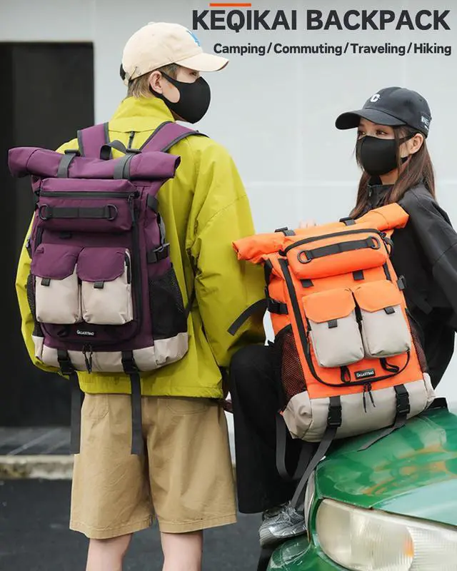 Alt view image 3 of 5 - Rolltop Backpack 30L, Lightweight Travel Backpack for Men & Women, Water-Resistant Hiking Backpack with 15 Inch Laptop Compartment, Small Outdoor Daypack Backpack with Detachable Shoulder Bag Orange