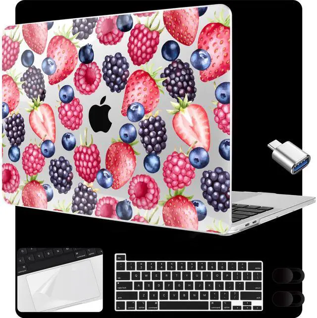 Main image of MEEgoodo for MacBook Pro 13 inch Case 2022 2021 2020 A2338 M2/M1 A2251 A2289 with Touch ID,Clear Laptop Hard Shell Cases with Keyboard Webcam Cover&Trackpad Film& Type C Adapter, Fresh Berries Pattern