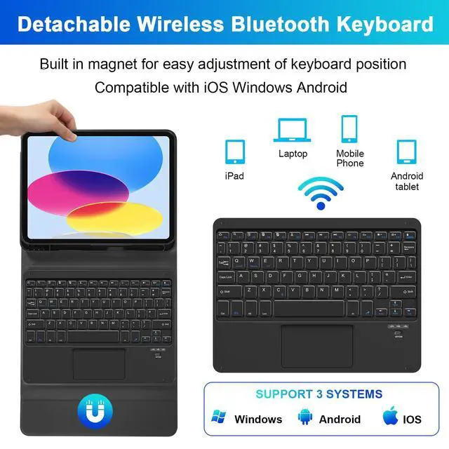Alt view image 3 of 5 - SOPPY Bluetooth Keyboard Case with Touchpad for iPad 11th Gen. (A16) 11-inch 2025, 10th Generation 10.9 inch 2022, Detachable Protective Cover, with Built-in Pen Holder, USB-C Rechargeable, Black