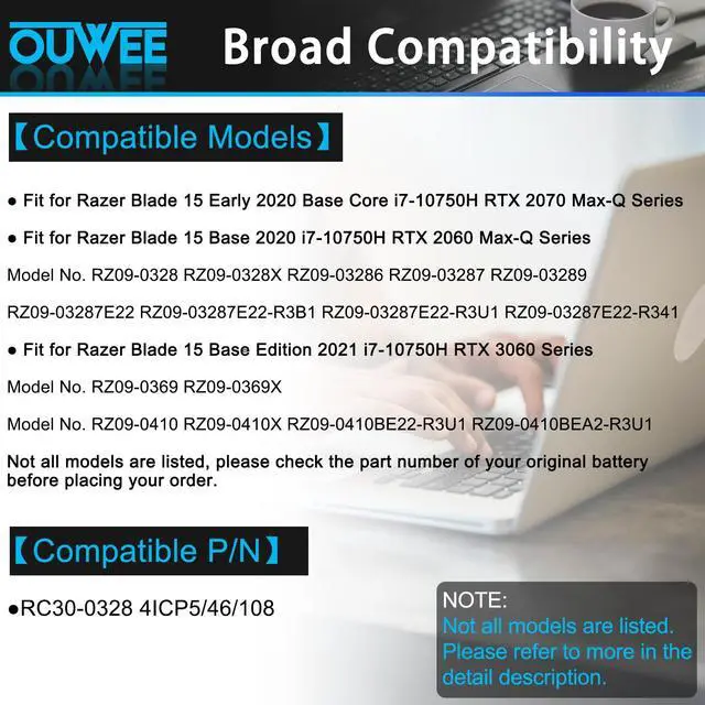 Alt view image 3 of 5 - OUWEE RC30-0328 RZ09-0328 Laptop Battery Replacement for Razer Blade 15 Base 2020/2021 RZ09-0328X RZ09-03289 RZ09-03287 RZ09-03286 RZ09-0369 RZ09-03287E22 RZ09-0410x RZ09-0330X RZ09-03304x