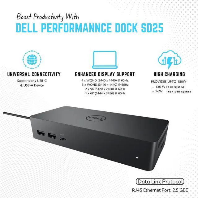 Alt view image 3 of 5 - Dell SD25 Docking Station Supports Dual/Triple Monitor 4K Displays with 180W,HDMI, DisplayPort & USB-C Cable, 10Gbps Thunderbolt Dock (SD25)