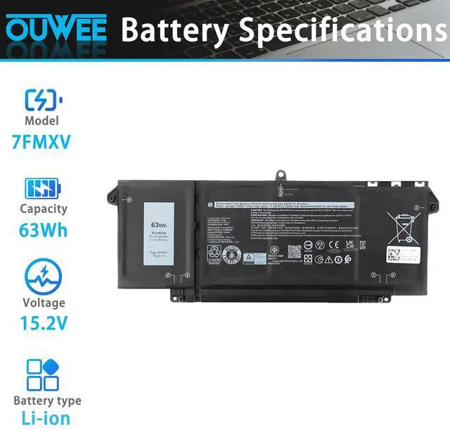 Alt view image 2 of 5 - OUWEE 7FMXV Laptop Battery Compatible with Dell Latitude 5320 7320 7420 7520 Series Notebook 0TN2GY TN2GY 9JM71 15.2V 63Wh 3941mAh