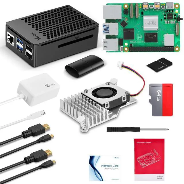 Main image of Vemico Raspberry Pi 5 16GB Kit with Pi 5 16GB Board, Protective Case and Active Cooler for Pi 5, 64GB Card, 27W Type-C Power Supply, Dual 4K Micro HD Out Cables, Card Adapter, Card Reader, Screwdriver