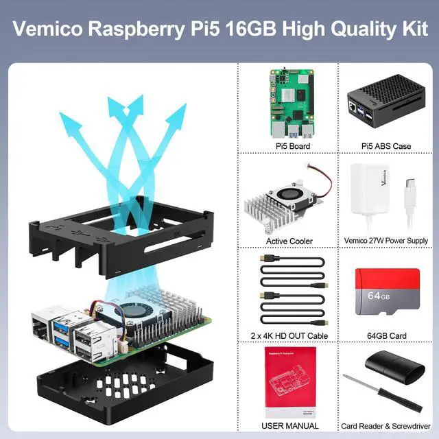 Alt view image 2 of 5 - Vemico Raspberry Pi 5 16GB Kit with Pi 5 16GB Board, Protective Case and Active Cooler for Pi 5, 64GB Card, 27W Type-C Power Supply, Dual 4K Micro HD Out Cables, Card Adapter, Card Reader, Screwdriver