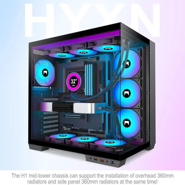 Alt view image 2 of 5 - HYXN H1 HYXN ATX PC Case - Pre-Installed with 7 PWM ARGB Fans - Dual Cavity Mid-Tower PC Gaming Case - with Type-C - Can Hold up to 3X 360mm heatsinks simultaneously (Black, H1)