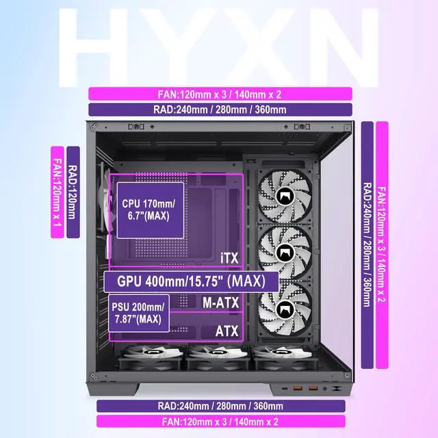 Alt view image 4 of 5 - HYXN H1 HYXN ATX PC Case - Pre-Installed with 7 PWM ARGB Fans - Dual Cavity Mid-Tower PC Gaming Case - with Type-C - Can Hold up to 3X 360mm heatsinks simultaneously (Black, H1)