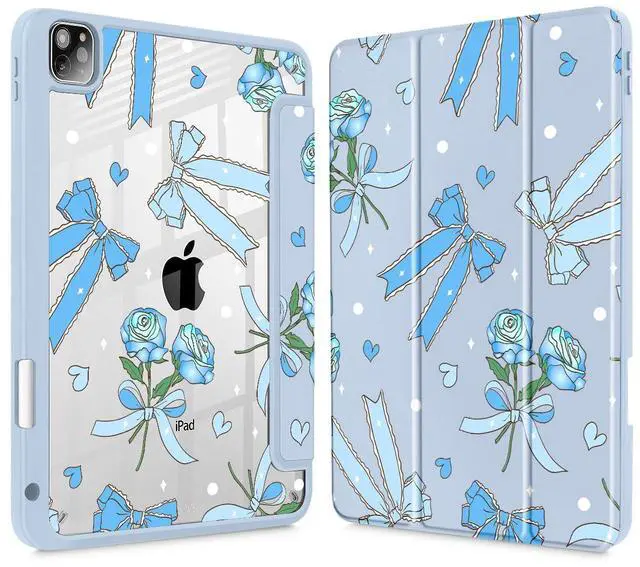 Main image of Tuiklol for iPad Pro 11 Inch Case M2 2022 Gen 4th -Built-in Pencil Holder Shockproof Cover Clear Transparent Back Shell Fit for iPad 11 2021 2020 2018 Gen 3rd/2nd/1st for Kid,Bow & Rose Blue