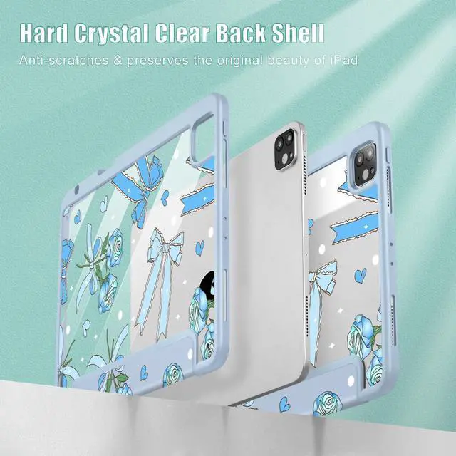 Alt view image 4 of 5 - Tuiklol for iPad Pro 11 Inch Case M2 2022 Gen 4th -Built-in Pencil Holder Shockproof Cover Clear Transparent Back Shell Fit for iPad 11 2021 2020 2018 Gen 3rd/2nd/1st for Kid,Bow & Rose Blue