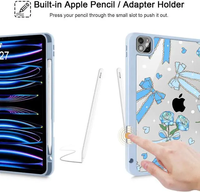Alt view image 5 of 5 - Tuiklol for iPad Pro 11 Inch Case M2 2022 Gen 4th -Built-in Pencil Holder Shockproof Cover Clear Transparent Back Shell Fit for iPad 11 2021 2020 2018 Gen 3rd/2nd/1st for Kid,Bow & Rose Blue
