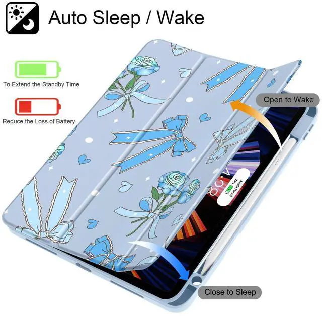 Alt view image 3 of 5 - Tuiklol for iPad Pro 11 Inch Case M2 2022 Gen 4th -Built-in Pencil Holder Shockproof Cover Clear Transparent Back Shell Fit for iPad 11 2021 2020 2018 Gen 3rd/2nd/1st for Kid,Bow & Rose Blue