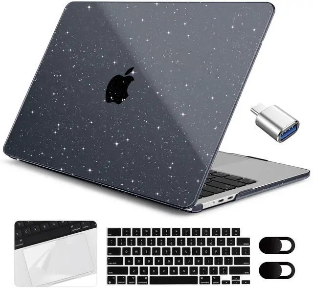 Main image of Yebiseven Case for MacBook Air 15 inch 2024/2023, Hard Shell with Keyboard & Trackpad Protector, OTG Adapter & Camera Cover, Glitter Black