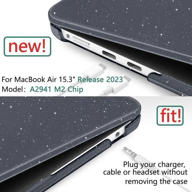 Alt view image 2 of 4 - Yebiseven Case for MacBook Air 15 inch 2024/2023, Hard Shell with Keyboard & Trackpad Protector, OTG Adapter & Camera Cover, Glitter Black