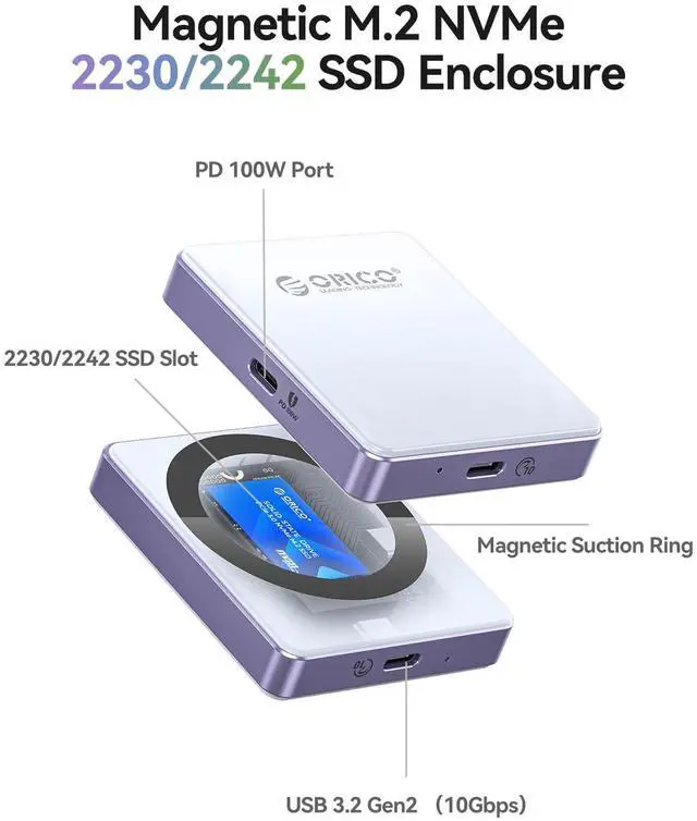 Alt view image 2 of 5 - ORICO Magnetic M.2 2230/2242 NVMe SSD External Enclosure, 10Gbps High-Speed Transfer, iPhone 4K ProRes Recording Support, PD100W Charging Port, Support for iPhone 15/16/17 Series - AP42P (Black)