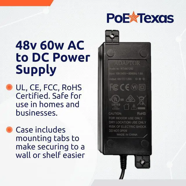 Alt view image 2 of 5 - PoE Texas 48v Power Supply - 48 Volt 60 Watt AC to DC Power Supply for Power Over Ethernet, PoE Injector, Adapter, Splitter, Extender, Network Switch - 60w 48vDC PoE Power for 802.3af, 802.3at Devices