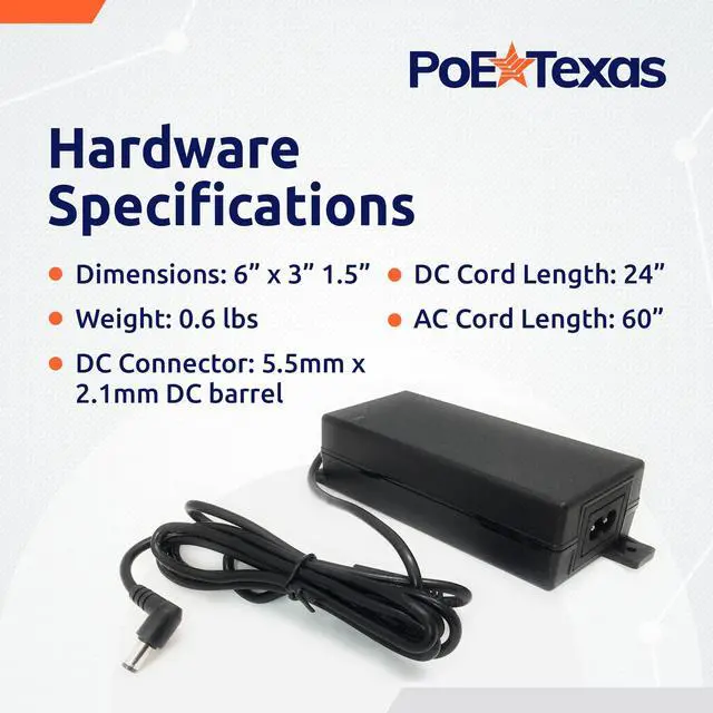 Alt view image 5 of 5 - PoE Texas 48v Power Supply - 48 Volt 60 Watt AC to DC Power Supply for Power Over Ethernet, PoE Injector, Adapter, Splitter, Extender, Network Switch - 60w 48vDC PoE Power for 802.3af, 802.3at Devices