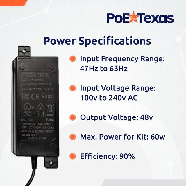 Alt view image 4 of 5 - PoE Texas 48v Power Supply - 48 Volt 60 Watt AC to DC Power Supply for Power Over Ethernet, PoE Injector, Adapter, Splitter, Extender, Network Switch - 60w 48vDC PoE Power for 802.3af, 802.3at Devices