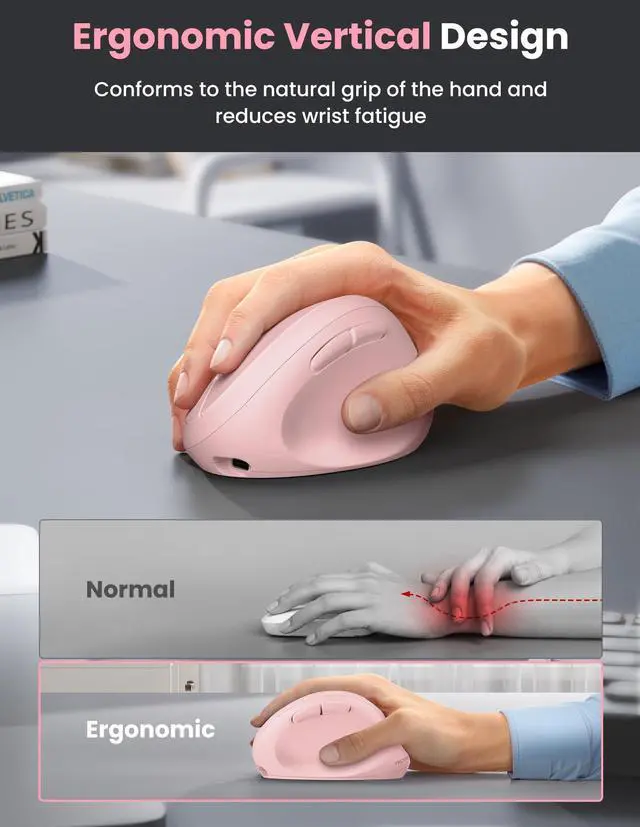 Alt view image 2 of 5 - TECKNET Ergonomic Mouse, Bluetooth Wireless Vertical Mouse, Rechargeable Battery, Quiet Clicks, 4800 DPI Adjustable, BT5.0/3.0 & 2.4G Connect, Easy to use, Wide Compatibility - Pink
