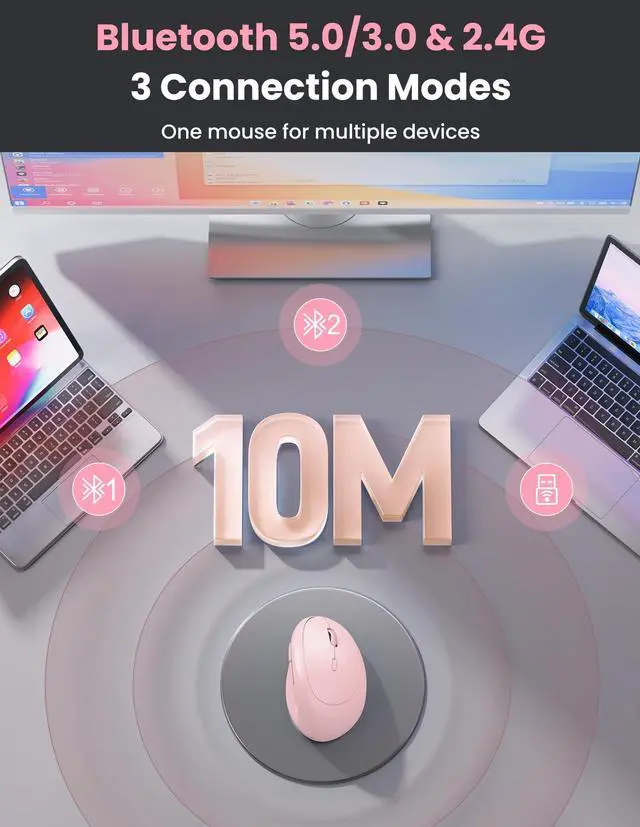 Alt view image 3 of 5 - TECKNET Ergonomic Mouse, Bluetooth Wireless Vertical Mouse, Rechargeable Battery, Quiet Clicks, 4800 DPI Adjustable, BT5.0/3.0 & 2.4G Connect, Easy to use, Wide Compatibility - Pink