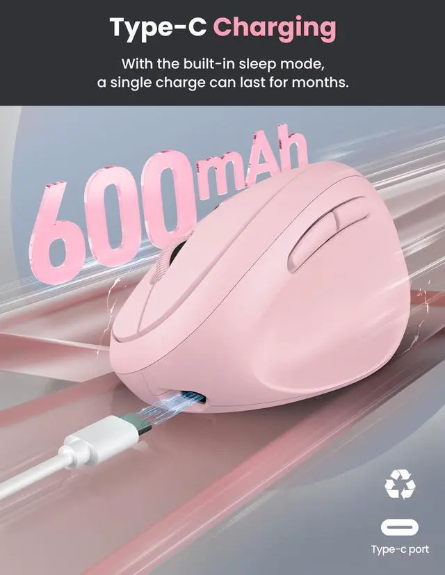 Alt view image 5 of 5 - TECKNET Ergonomic Mouse, Bluetooth Wireless Vertical Mouse, Rechargeable Battery, Quiet Clicks, 4800 DPI Adjustable, BT5.0/3.0 & 2.4G Connect, Easy to use, Wide Compatibility - Pink