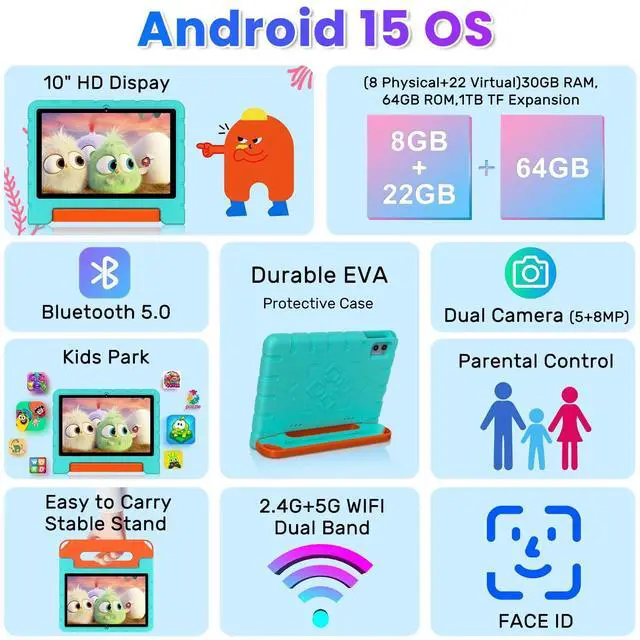 Alt view image 2 of 5 - 2025 Kids Tablet 10 inch Android 15 Tablets for Kid Octa-Core, 30GB+64GB (TF 1TB), Toddler Tablet with Shockproof Case, 5G WiFi, Parental Control, Widevine L1, Gemini AI, Split Screen, BT5.0-Green