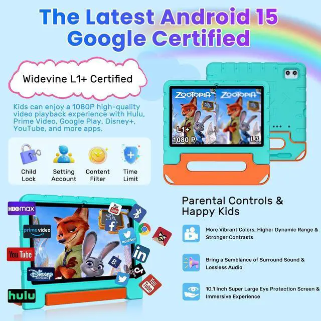 Alt view image 5 of 5 - 2025 Kids Tablet 10 inch Android 15 Tablets for Kid Octa-Core, 30GB+64GB (TF 1TB), Toddler Tablet with Shockproof Case, 5G WiFi, Parental Control, Widevine L1, Gemini AI, Split Screen, BT5.0-Green