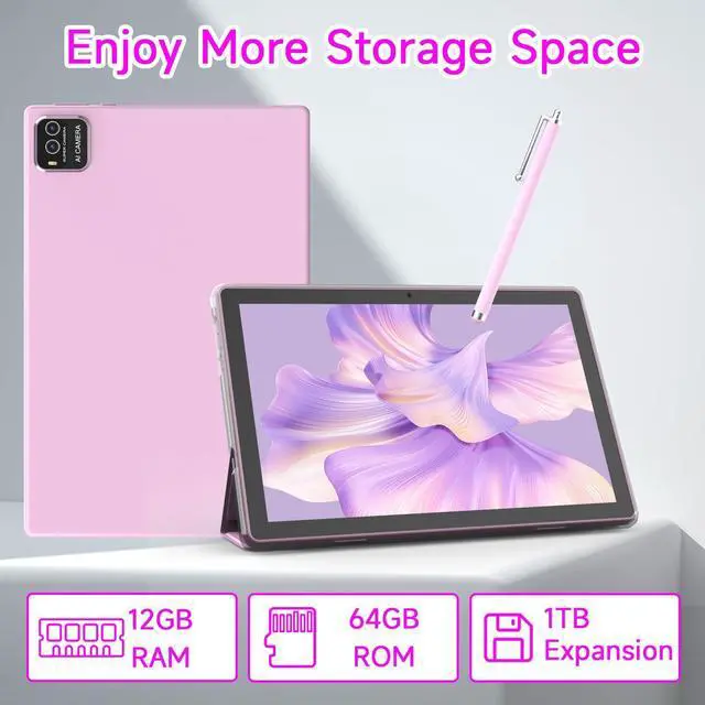 Alt view image 4 of 5 - 2 In 1 Android table 10 Inch With TabletS protective Case and Stylus Pen android 15 Tablet 5G WiFi-6 1280*800 full HD IPS display 6000mah 64GB ROM+12GB RAM (4+8 Virtual), 1024GB Expansion (Pink)