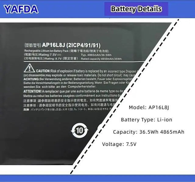 Alt view image 4 of 5 - Yafda AP16L8J Laptop Battery Compatible with Acer Chromebook Spin 311 CP311-3H-K2RJ CP311-3H-K3Wl CP311-3H-A14P Spin 513 R841T-S98A CP513-2H-K62Y CP513-1HL CP513-1H CP513-1HL-S17E