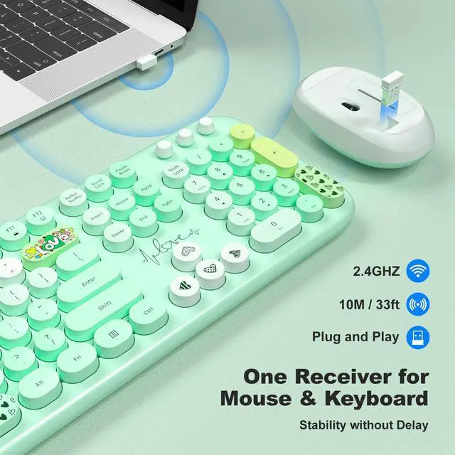 Alt view image 2 of 5 - MOFII Wireless Keyboard and Mouse Combo - Pale Green Full Sized Plug and Play Colorful Computer Keyboards - 104 Keys Round Keycap USB 2.4G Cute Keyboard for Windows/Laptop/Mac/Desktop/PC