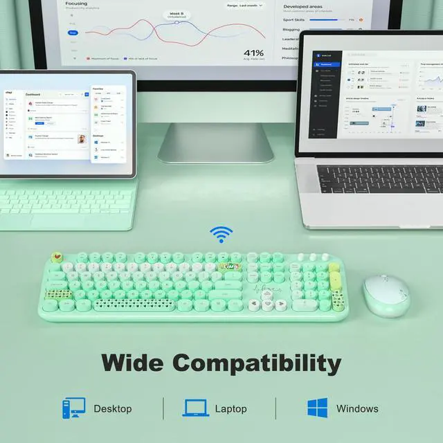 Alt view image 4 of 5 - MOFII Wireless Keyboard and Mouse Combo - Pale Green Full Sized Plug and Play Colorful Computer Keyboards - 104 Keys Round Keycap USB 2.4G Cute Keyboard for Windows/Laptop/Mac/Desktop/PC