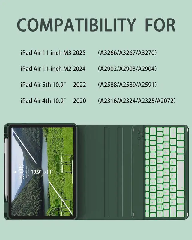 Alt view image 2 of 5 - SQBEBS Case with Keyboard for iPad Air 11 inch M3/M2 2025/2024, iPad Air 5th/4th Generation 10.9 inch, 7 Colors Backlit Detachable Bluetooth Keyboard, Stand Folio Cover with Pencil Holder, Dark Green