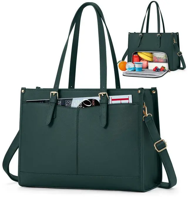 Main image of RAINSMORE Lunch Tote Bag for Women 15.6 Inch Laptop Bags with Insulated Lunch Compartment Large Leather Quilted Computer Tote for Teacher Nurse Work Collage Casual Green