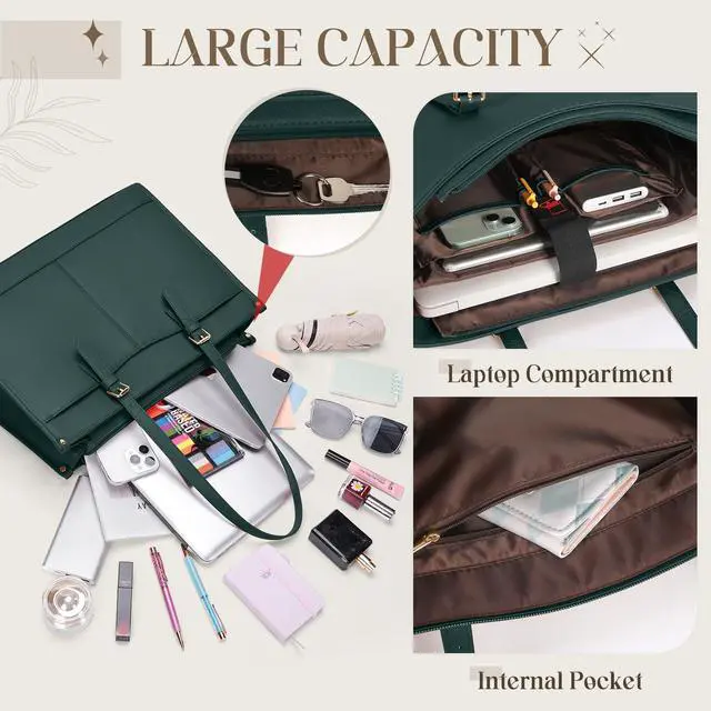 Alt view image 4 of 5 - RAINSMORE Lunch Tote Bag for Women 15.6 Inch Laptop Bags with Insulated Lunch Compartment Large Leather Quilted Computer Tote for Teacher Nurse Work Collage Casual Green