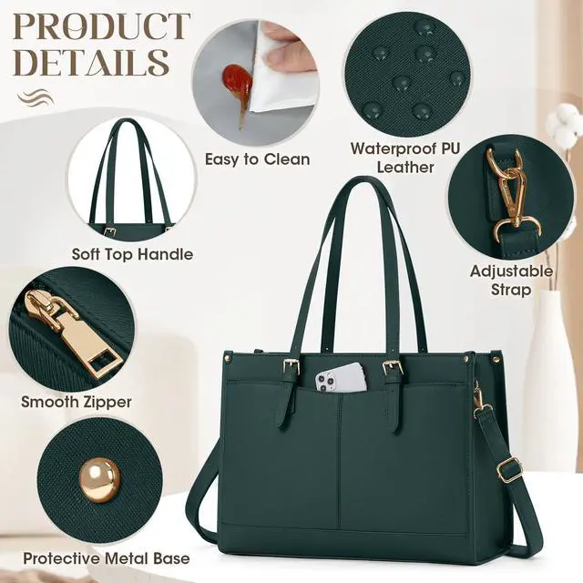 Alt view image 5 of 5 - RAINSMORE Lunch Tote Bag for Women 15.6 Inch Laptop Bags with Insulated Lunch Compartment Large Leather Quilted Computer Tote for Teacher Nurse Work Collage Casual Green