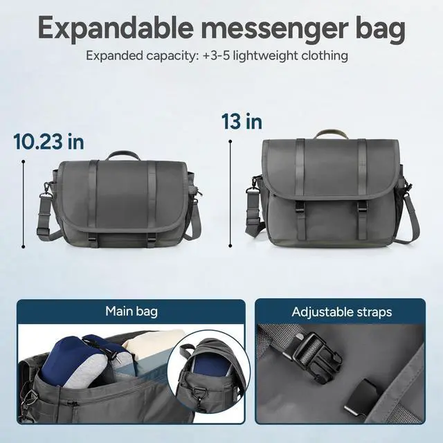 Alt view image 4 of 5 - travel inspira Messenger Bag for Men/Women, Anti-theft Lightweight Men's Laptop Bag 16 inch Water Resistant Crossbody Satchel Bags Computer Work Office College Bag with Shoulder Strap, Grey