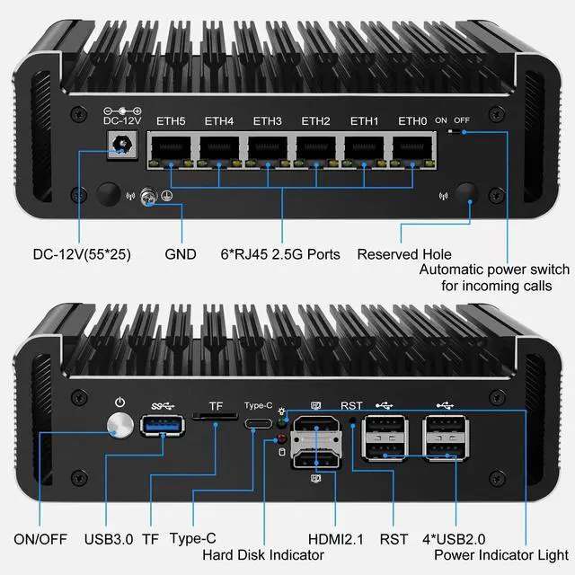 Alt view image 4 of 5 - 6 Port Firewall Micro Appliance, Fanless Firewall Mini PC Intel N150 Quad Core, DDR5 RAM, VPN, Router PC, AES-NI, 4 Intel 2.5GbE I226-V LAN, Barebone